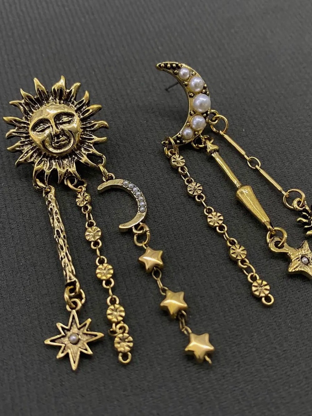 Gold Sun and Crescent Moon Drop Earrings with Pearl Accents